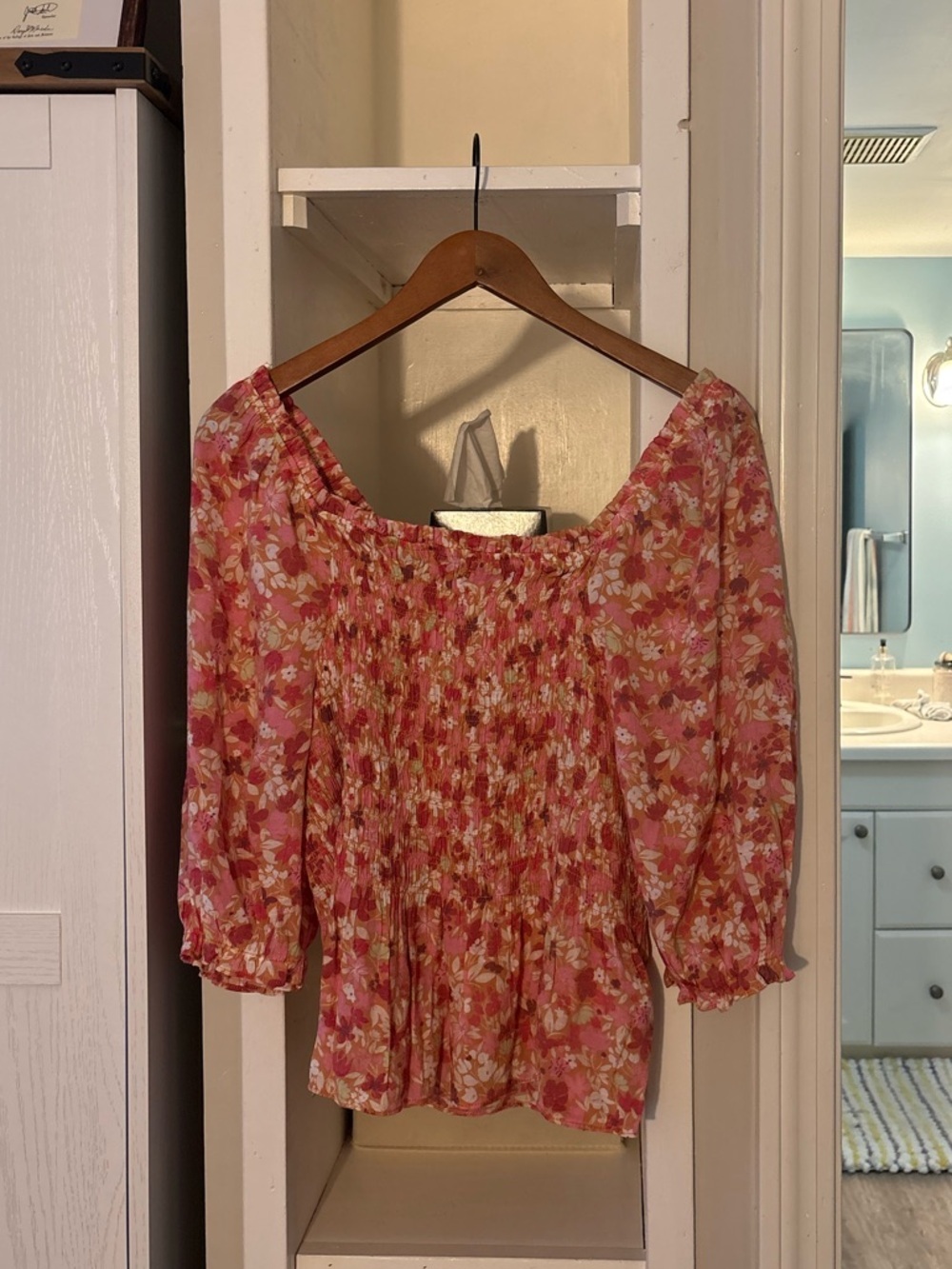 Nannette Pink Floral Smocked Peasant Blouse - Picture 2 of 4